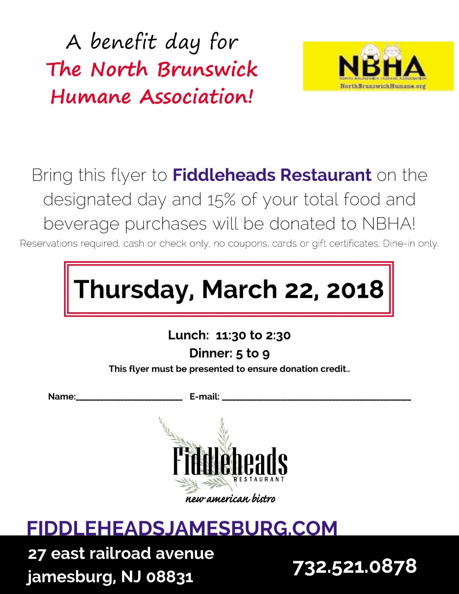 Dine To Donate Fiddleheads March 22nd North Brunswick Humane